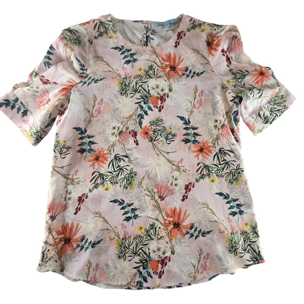 Antonio‎ Melani Pink Floral 100% Silk Short Sleeve Blouse XS Cottagecore Spring